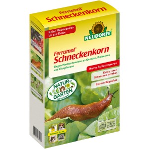 Neudorff Ferramol Schneckenkorn 2 kg Packung mit Schnecke auf Salatblatt.