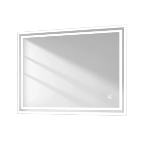 Rechteckiger Badspiegel mit abgerundeten Ecken, integrierter LED-Beleuchtung und Touchschalter.