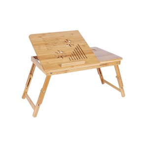 Naturfarbener Songmics Laptoptisch aus Bambus, höhenverstellbar und zusammenklappbar.