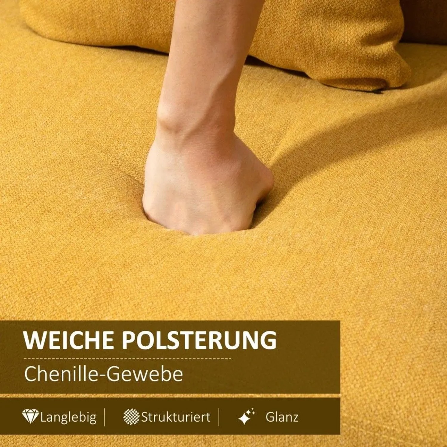 Weiche, gelbe Chenille-Polsterung des HOMCOM 2 Sitzer Sofas, eine Hand drückt hinein.