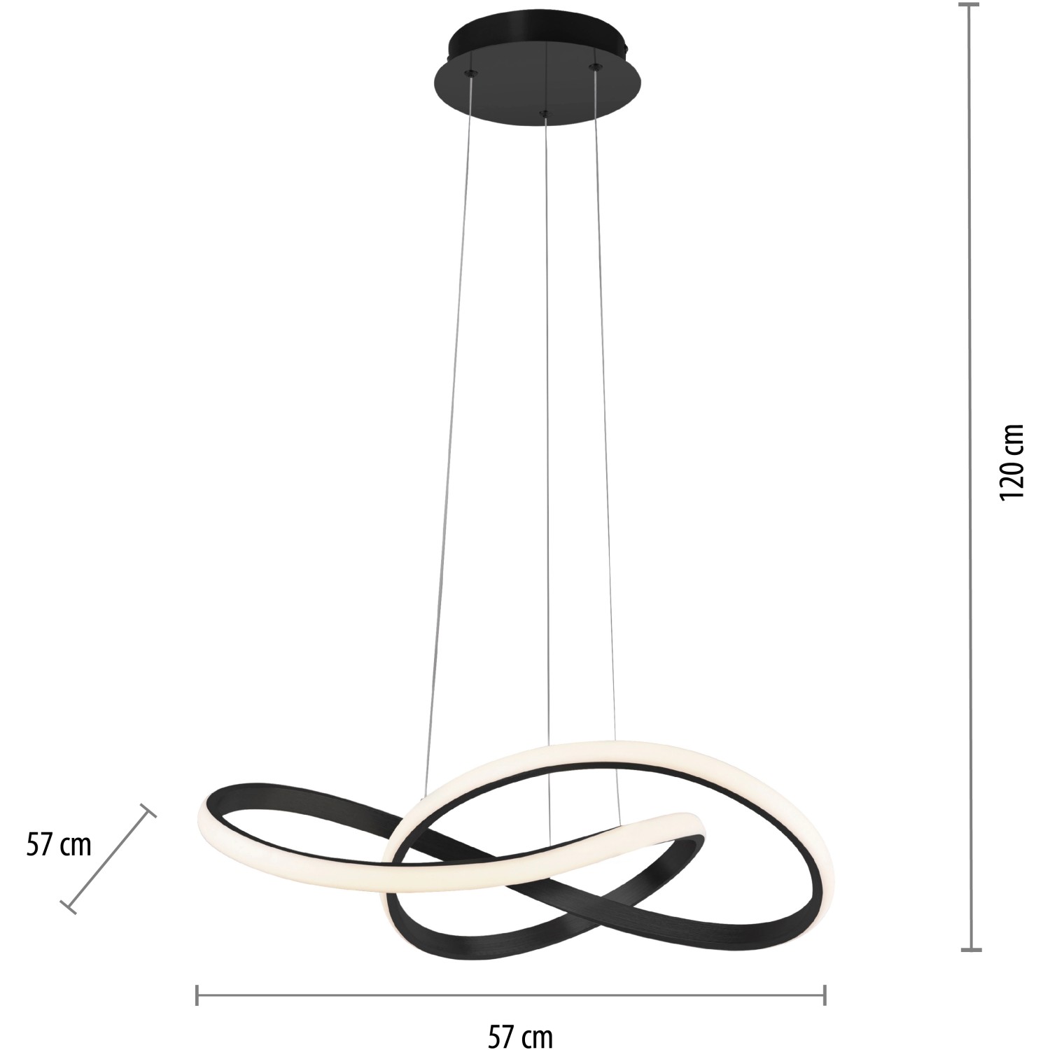 Moderne LED-Pendelleuchte Maria in Schwarz, 57x120 cm, geschwungenes Design für Wohnräume.