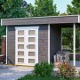 Skan Holz Gartenhaus Venlo 2 in Schiefergrau mit Anbau und Doppeltür im Garten.