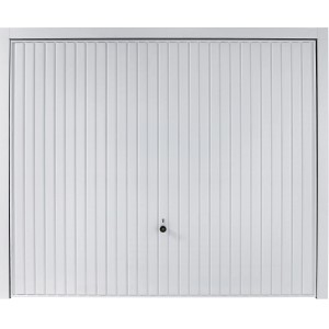 Weißes Hörmann Schwingtor Berry Pearlgrain, Garagentor mit senkrechter Sicke und Drehfall-Verriegelung.