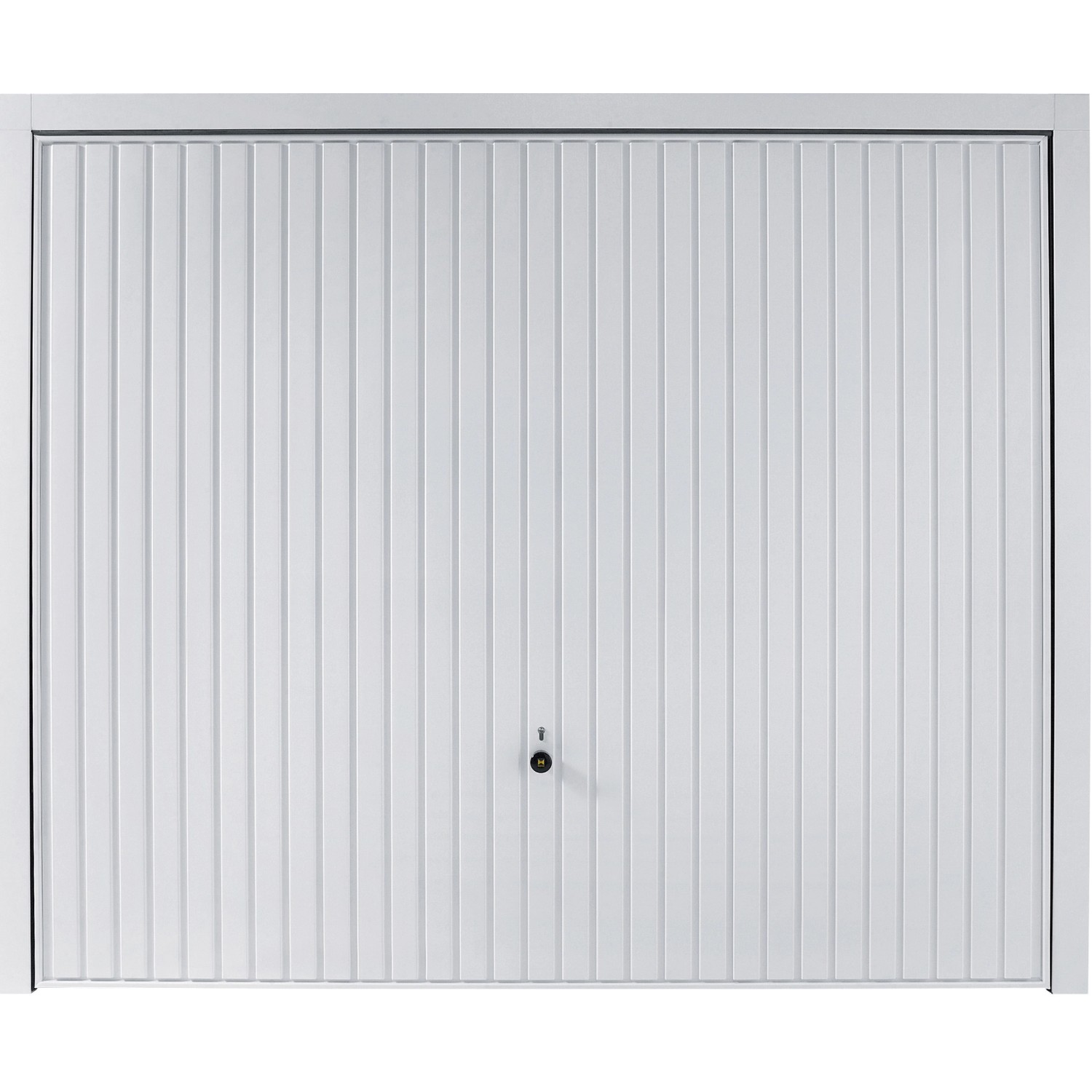 Weißes Hörmann Schwingtor Berry Pearlgrain, Garagentor mit senkrechter Sicke und Drehfall-Verriegelung.