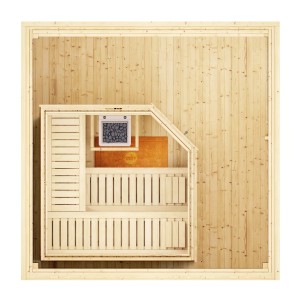 Draufsicht Design Saunahaus 412 Sparset mit Saunaofen und Liegen aus hellem Holz.