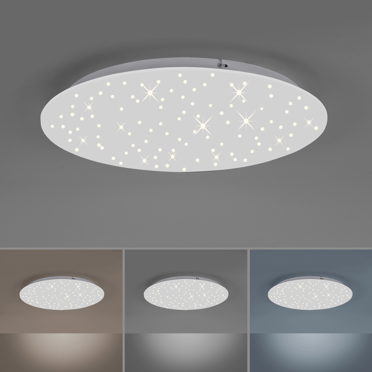 Weiße LED-Deckenleuchte Sternenhimmel, 48x48cm, mit verschiedenen Lichtfarben.