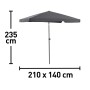 Anthrazitfarbener Balkonschirm Hernando, 210x140 cm, mit Push-Up Funktion und Maßangaben.