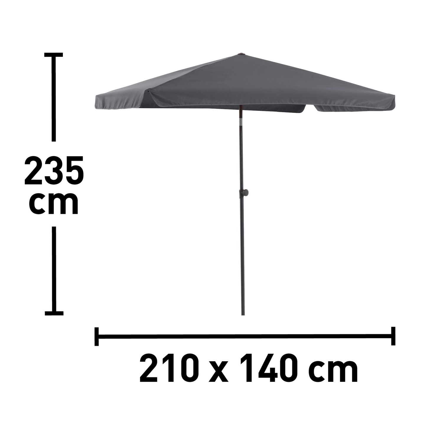 Anthrazitfarbener Balkonschirm Hernando, 210x140 cm, mit Push-Up Funktion und Maßangaben.