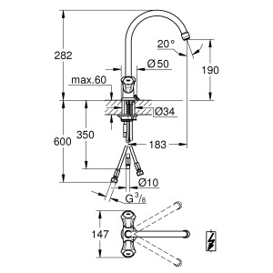 Technische Zeichnung: Grohe Costa Spültischarmatur, Einlochbatterie mit Maßen.