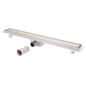 Edelstahl Duschrinne 110cm mit Siphon und Zubehör für den Bodenablauf.