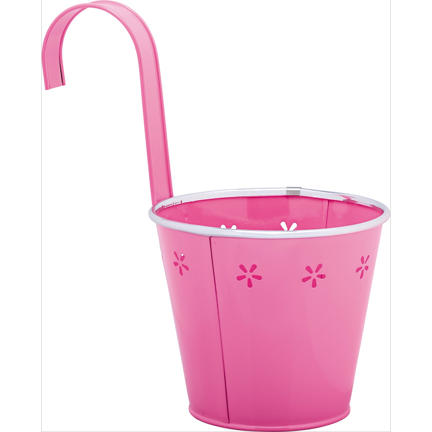 Pinker Hänge-Übertopf aus Metall mit Blumenmuster für Balkon und Terrasse.