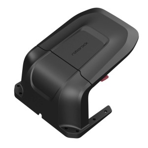 Schwarze Roborock Mähroboter-Garage Q mit Logo. Schützt den Mähroboter vor Witterung. Modernes Design für den Garten.