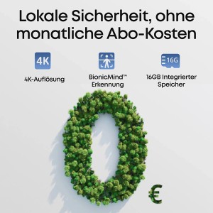 Eufy Überwachungskamera S330: "0" aus Blättern, Symbol für gebührenfreie Nutzung, 4K, BionicMind, 16GB Speicher.