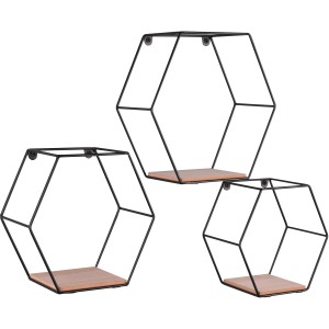Mirrors & More Wandregal-Set Sarah, 3 sechseckige Regale aus Metall und Holz.