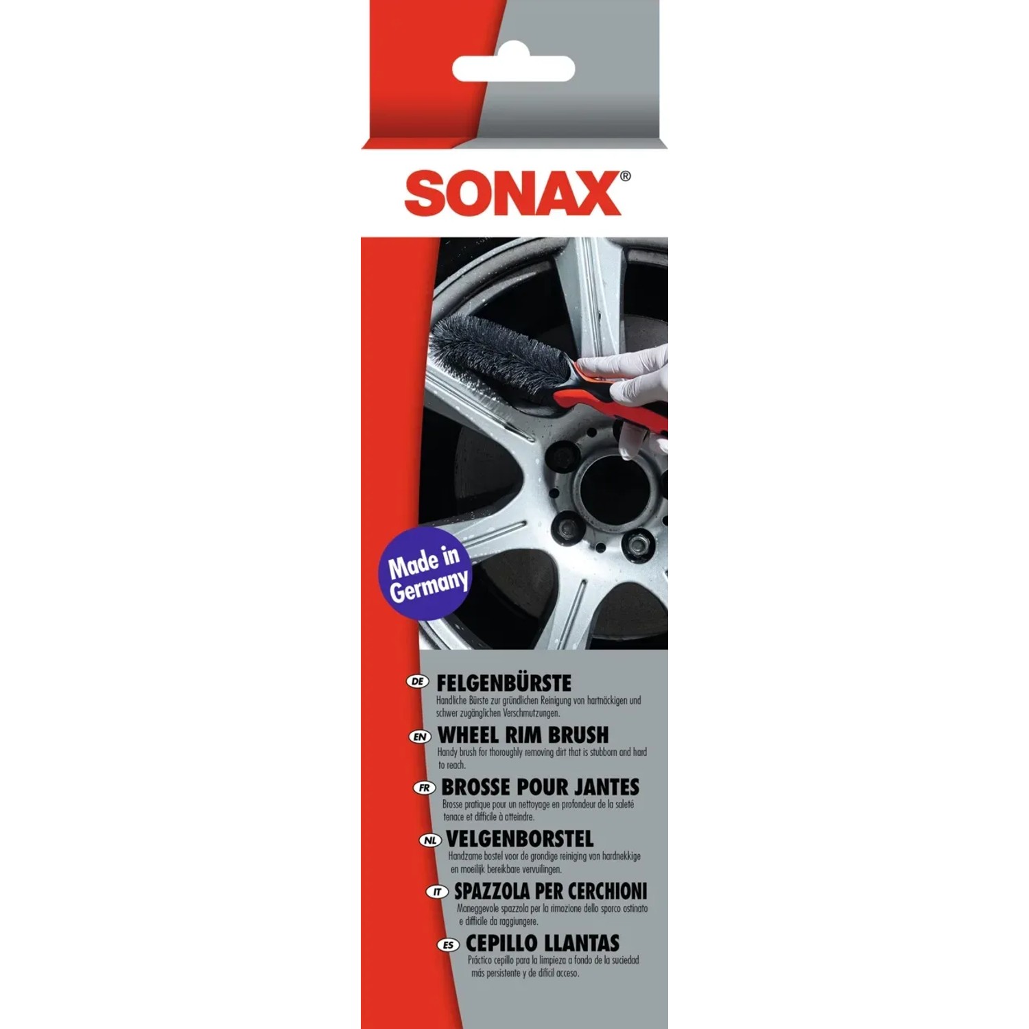 Sonax Felgenbürste zur Reinigung von Stahl- und Alufelgen. Autopflege für schwer zugängliche Stellen.