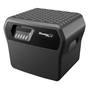 Schwarze, feuerfeste Master Lock Sicherheitskassette mit digitalem Schloss, 18,5 l Fassungsvermögen.