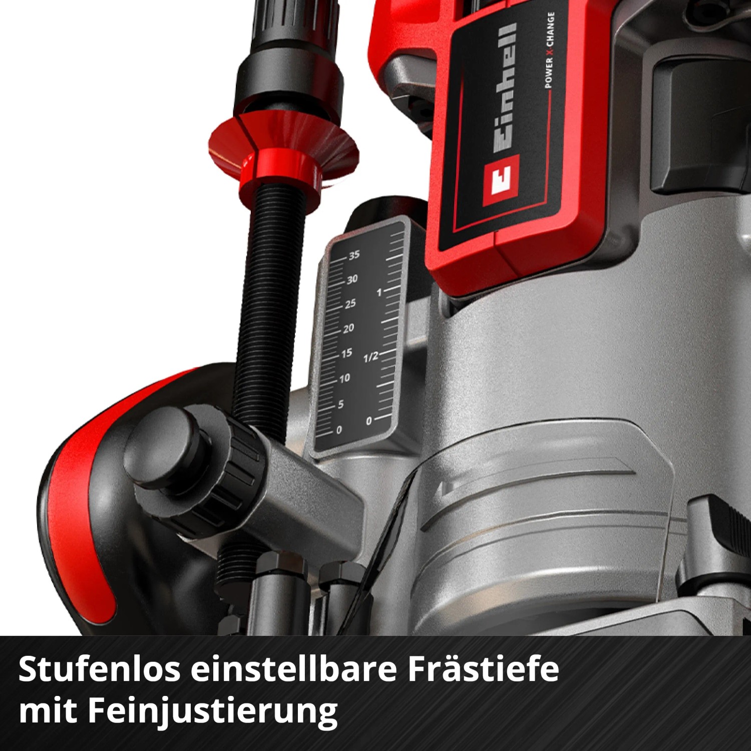 Detailaufnahme der Einhell Akku-Oberfräse TP-RO 18 Li BL mit Tiefeneinstellung.