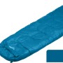 Blauer Mumien Schlafsack XL, verpackt und ausgerollt. Camping Schlafsack für Temperaturen von 0-10 Grad.