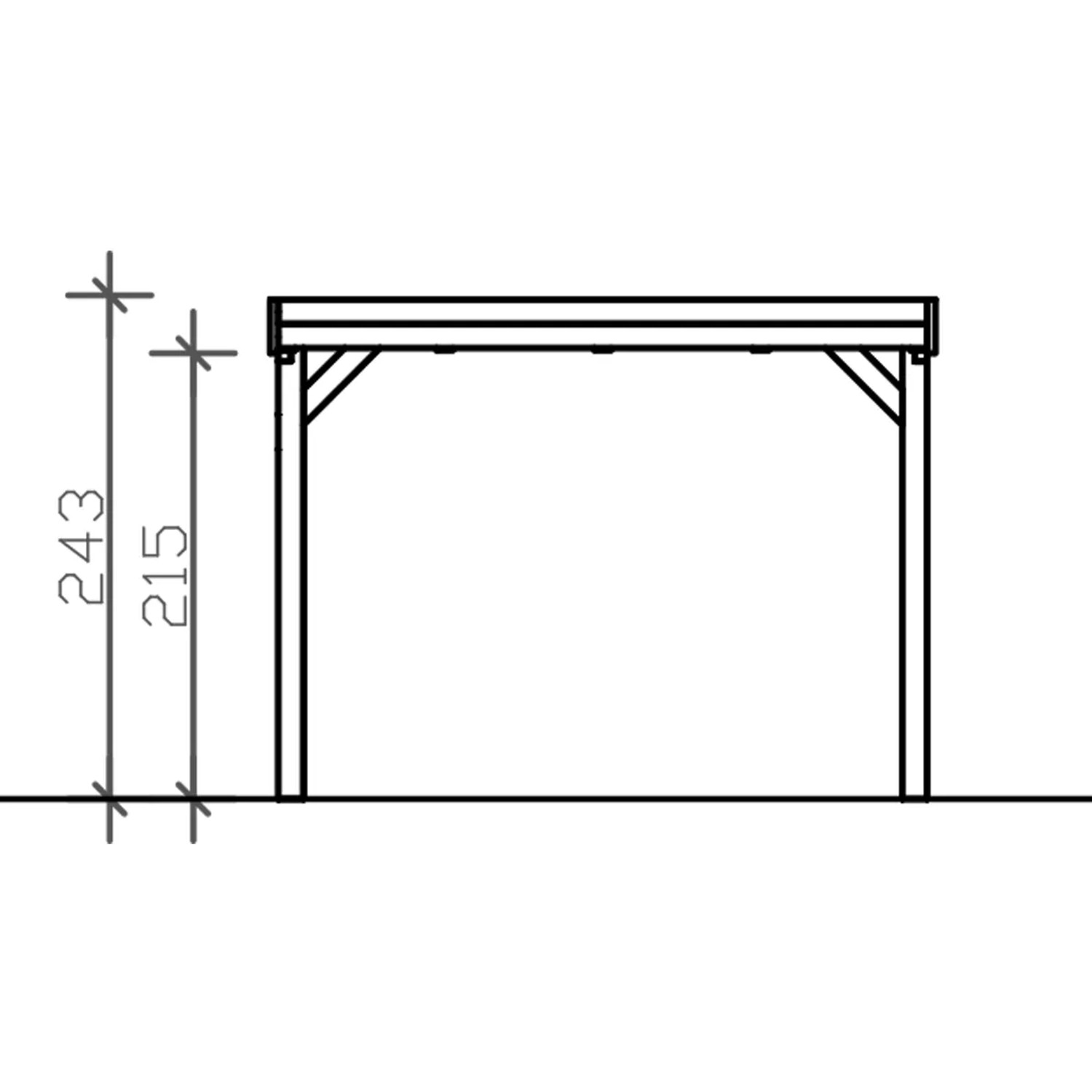 Skizze Carport Grunewald Eiche Hell: Maße Höhe 243 cm, Einfahrtshöhe 215 cm.