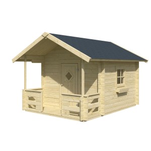 Lasita Maja Kinderspielhaus Lido Natur aus hellem Holz mit blauem Dach und überdachter Terrasse.