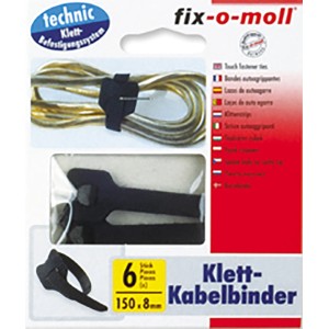 Fix-o-moll Klett-Kabelbinder, 6er-Pack, 15cm, zum Bündeln von Kabeln.