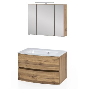 Held Möbel Waschtisch-Set Salerno, 80 cm, Wotaneiche mit Glasbecken und Spiegelschrank.