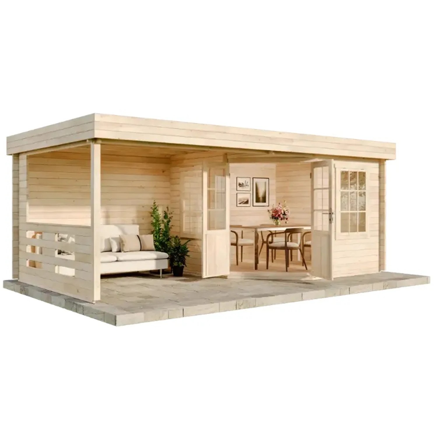 Carlsson Gartenhaus Hanna-40 aus Holz mit überdachter Terrasse und Leimholz-Doppeltür.