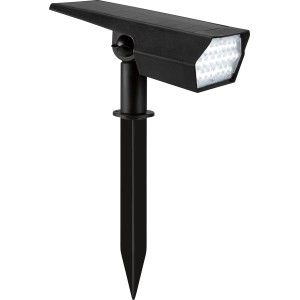 Schwarze LED Solar-Außenleuchte mit Erdspieß für den Garten.