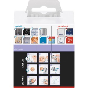 Verpackung Tesa Handtuchhaken Moon Schwarz Matt: Montageanleitung und geeignete Untergründe.