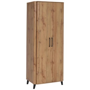 Hochschrank P42 mit 2 Türen in Wotan-Eiche-Optik, schwarzen Griffen und Füßen. Ideal als Garderobenschrank.