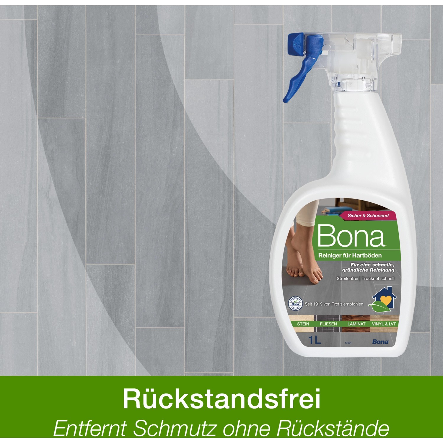 Bona Stein-, Fliesen- und Laminatreiniger Spray 1 l für streifenfreie Reinigung von Hartböden.