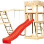 Karibu Ritterburg Löwenherz Spielturm mit Doppelschaukel, roter Rutsche und Klettergerüst.