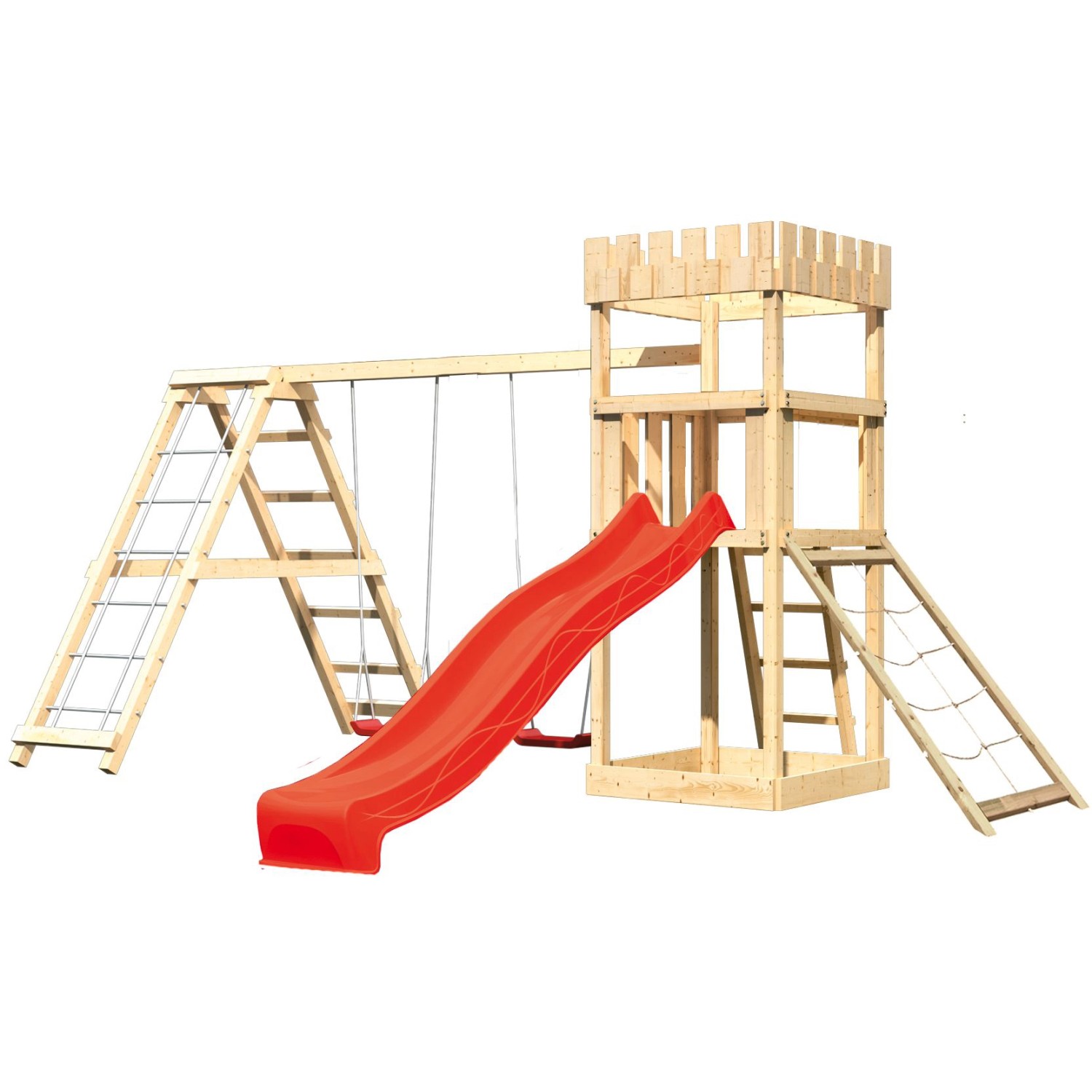 Karibu Ritterburg Löwenherz Spielturm mit Doppelschaukel, roter Rutsche und Klettergerüst.