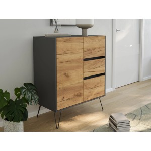Posseik Sideboard Industrial K, Grafit/Eiche, mit 1 Tür und 3 Schubladen, 80 cm breit.