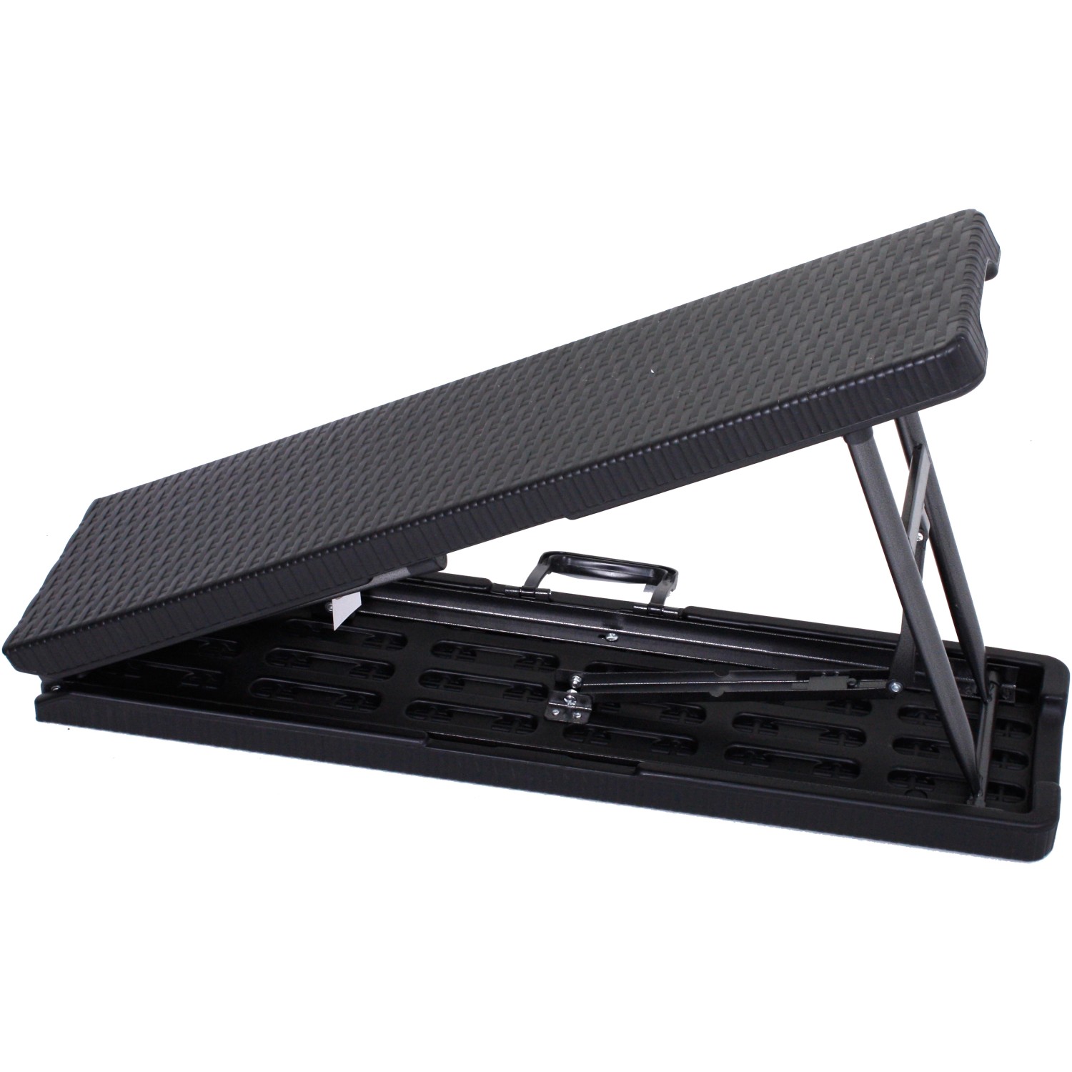 Zusammengeklapptes, 3-teiliges Balkonmöbel-Set Ventana in Rattanoptik, bestehend aus Tisch und Bänken.