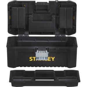 Geöffnete Stanley Kunststoffbox Essential 12,5 Zoll mit Metallschnalle und herausnehmbarem Einsatz.
