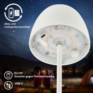 Weiße Brilo LED Akku Tischleuchte Serina Mini, Details wie USB-C Anschluss und Schalter sichtbar.