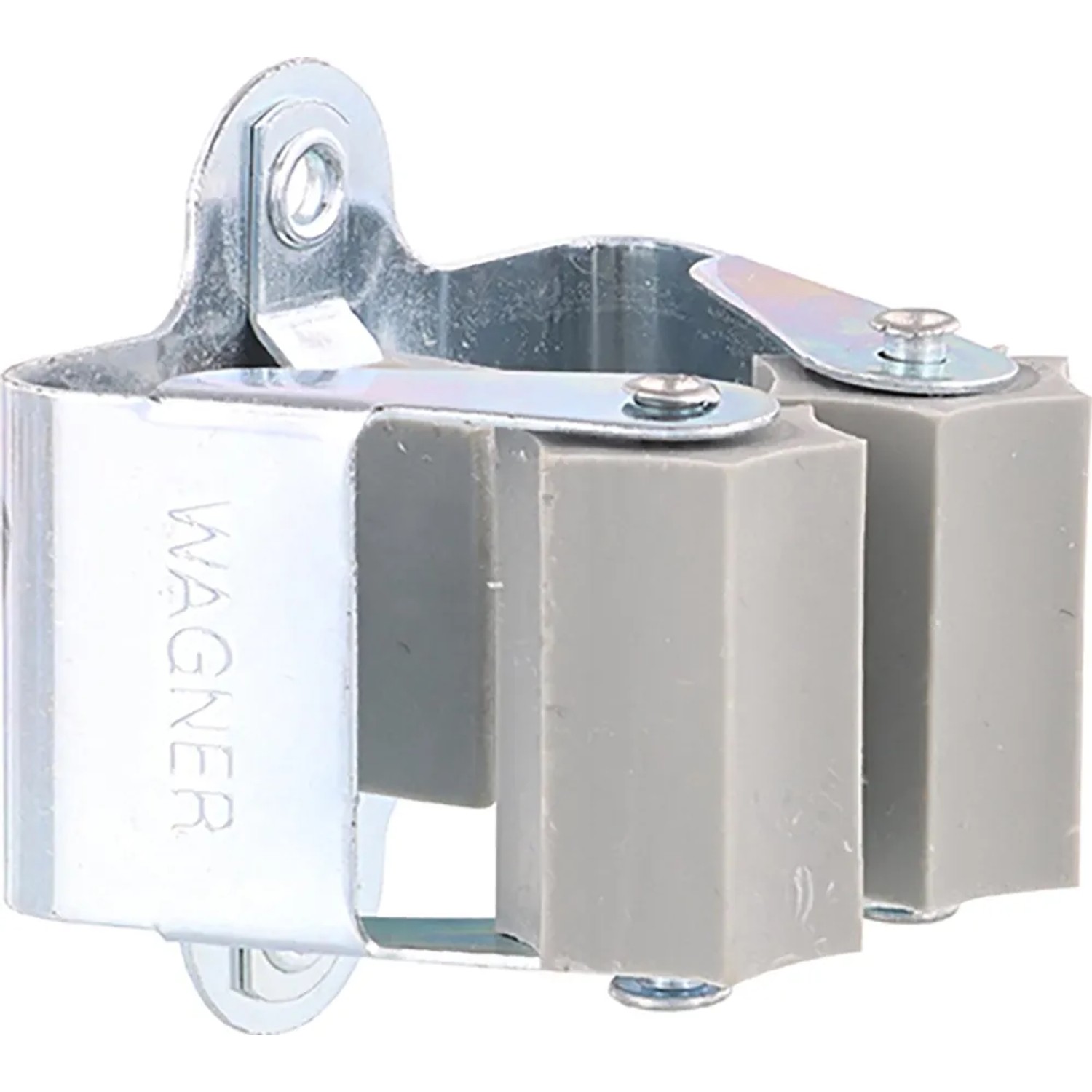 Wagner Wandhalterung für Gartengeräte, 2er-Set, silberfarbenes Aluminium und grauer Kunststoff.