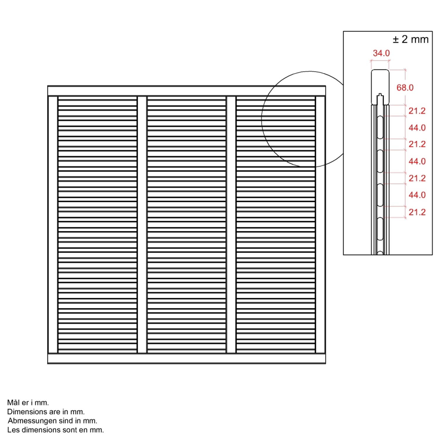 Detailzeichnung Sichtschutzzaun Harmoni Umbragrau 180x180cm, Nadelholz, mit Maßangaben.