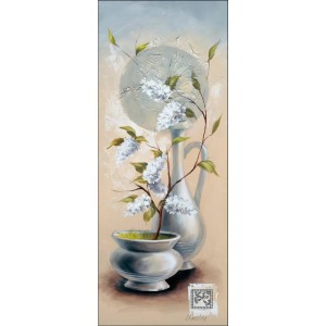 Leinwandbild Blaue Vasen IV, 27x77 cm: Stillleben mit weißen Blüten in Vase und Krug.
