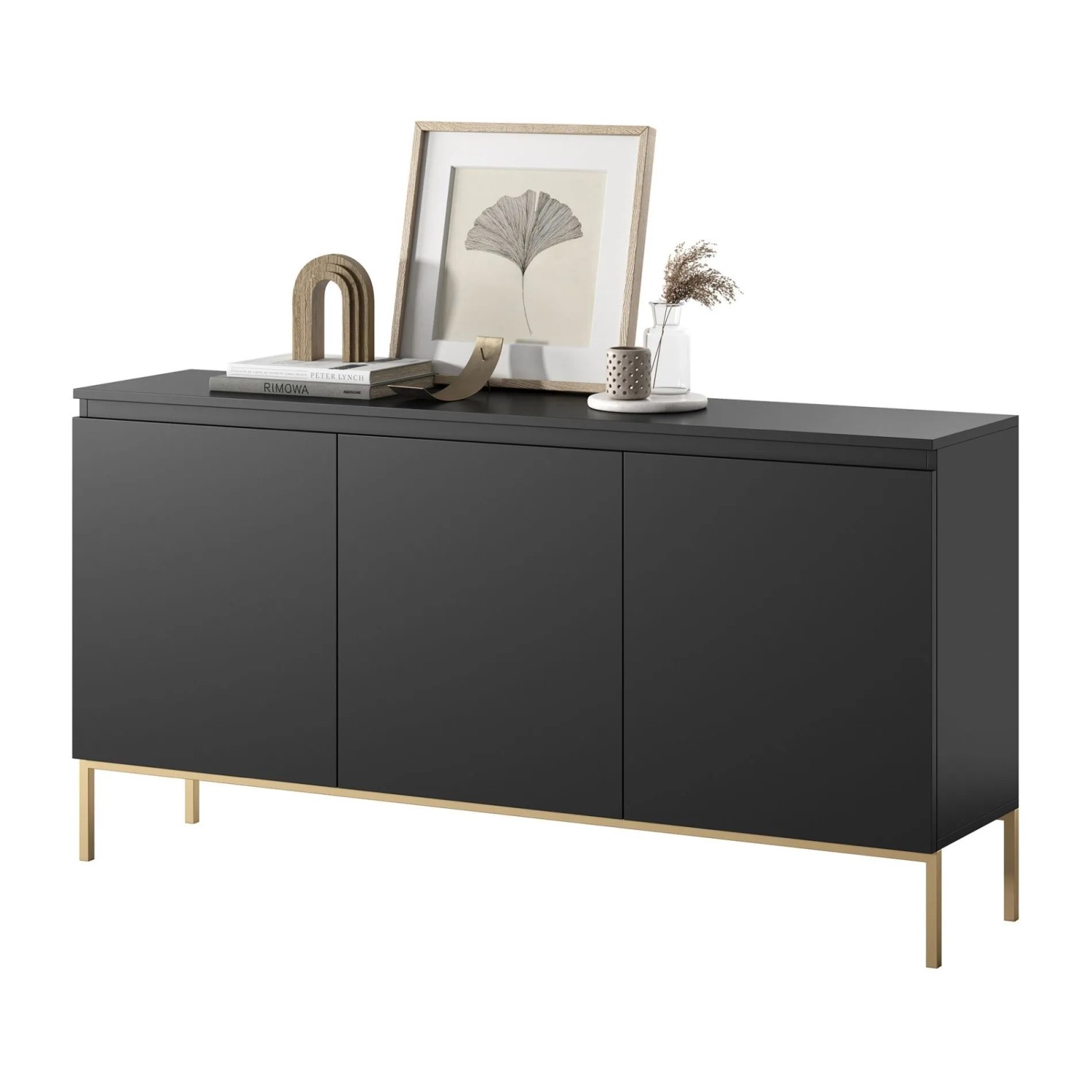 Selsey Bemmi Sideboard 150 cm, schwarz matt mit 3 Türen und hohen goldenen Metallbeinen. Modernes Design für Stauraum.