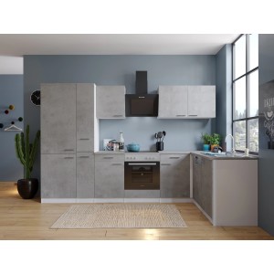 Respekta L-Küche Malia 310 cm in Betonoptik mit E-Geräten wie Kühl-/Gefrierkombination.