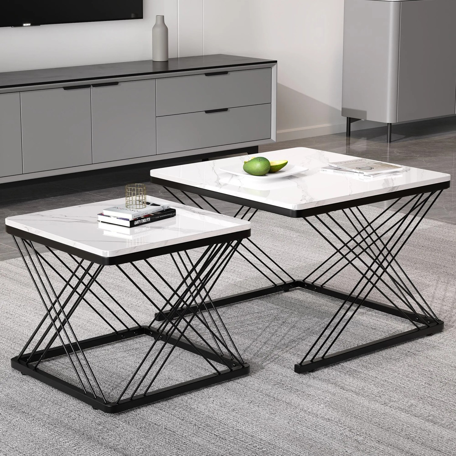 okwish Couchtisch Set mit Marmoroptik HöhenVerstellbare Füße 60x60x45cm 45x45x40cm Schwarz_2