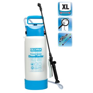 Gloria CleanMaster CM 50 Drucksprühgerät mit Sprühlanze und blau-weißem Behälter.