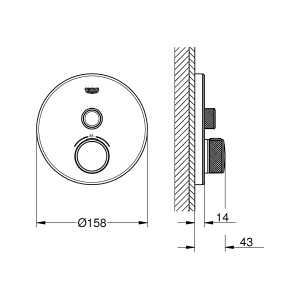 Grohe Grohtherm SmartControl Thermostat, Moon White, runde Bauform, mit Maßangaben.