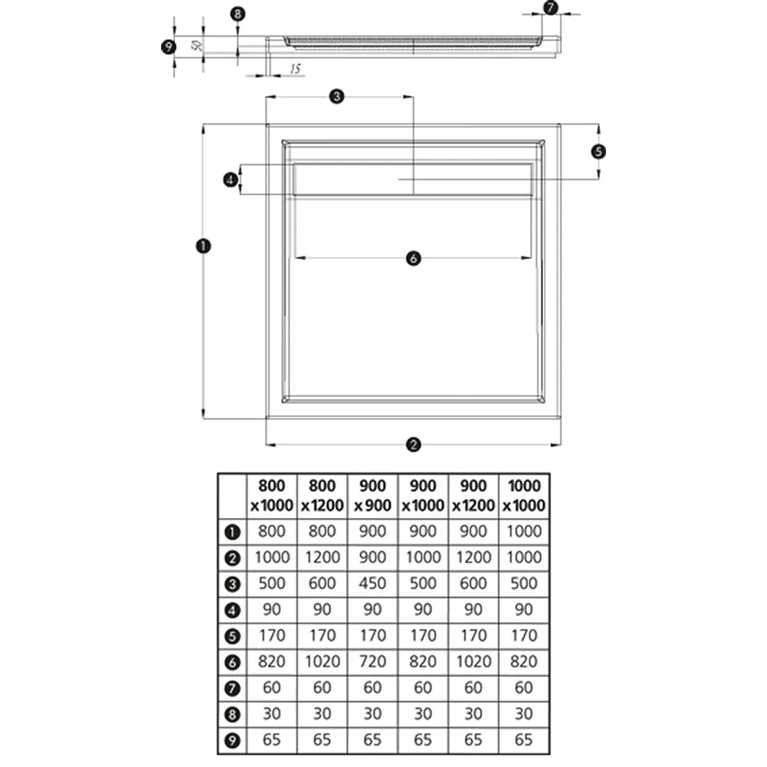Technische Zeichnung Duschwanne Fashion-Board, Maße 80x100 cm.