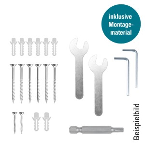 Verschiedenes Montagematerial für Novadoors Schiebetür-Set: Schrauben, Dübel, Maulschlüssel, Inbusschlüssel, Bit.