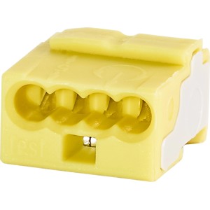Gelbe Wago Micro-Klemme, 4-polig für Leiter Ø 0,6-0,8 mm, 25er-Pack.