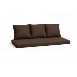 Braunes Gartenkissen-Set für 2-Sitzer-Gartensofa, bestehend aus Sitzkissen und drei Rückenkissen.