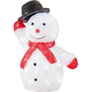 Leuchtender Acryl Schneemann mit LED, mehrfarbig, als Weihnachtsdeko für den Außenbereich.